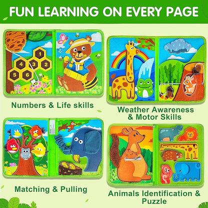 Quanquer Animal Busy Book for Toddlers 1-3 - Montessori Sensory Felt Activity Book for 1 Year Old Boys and Girls, Educational Travel Toy for Airplane Car, Christmas Birthday Gifts for Toddlers
