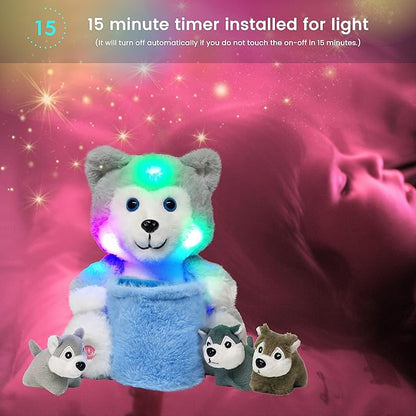Hopearl LED Plush Husky with Removable Bucket Lighting Up Stuffed Mommy Dog with 3 Baby Puppies in Basket Floppy Stuffed Animal Playset Night Lights Glow in The Dark Birthday Gifts for Kids, 10''