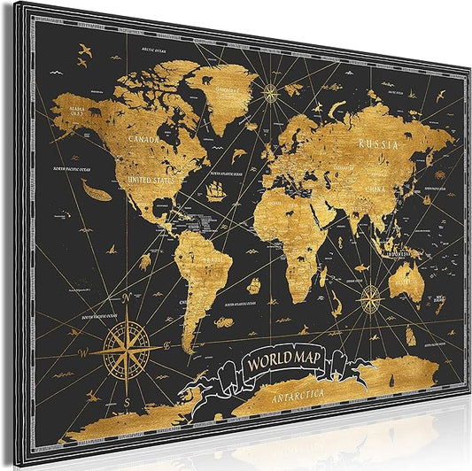 artgeist Pinboard World Map 35x24 in - Cork Board & Canvas Print Wall Art 1 pcs Memoboard with 50 Pins Noticeboard Message Board Image Picture Home Decor Travel Map Map of The World k-A-0490-p-a
