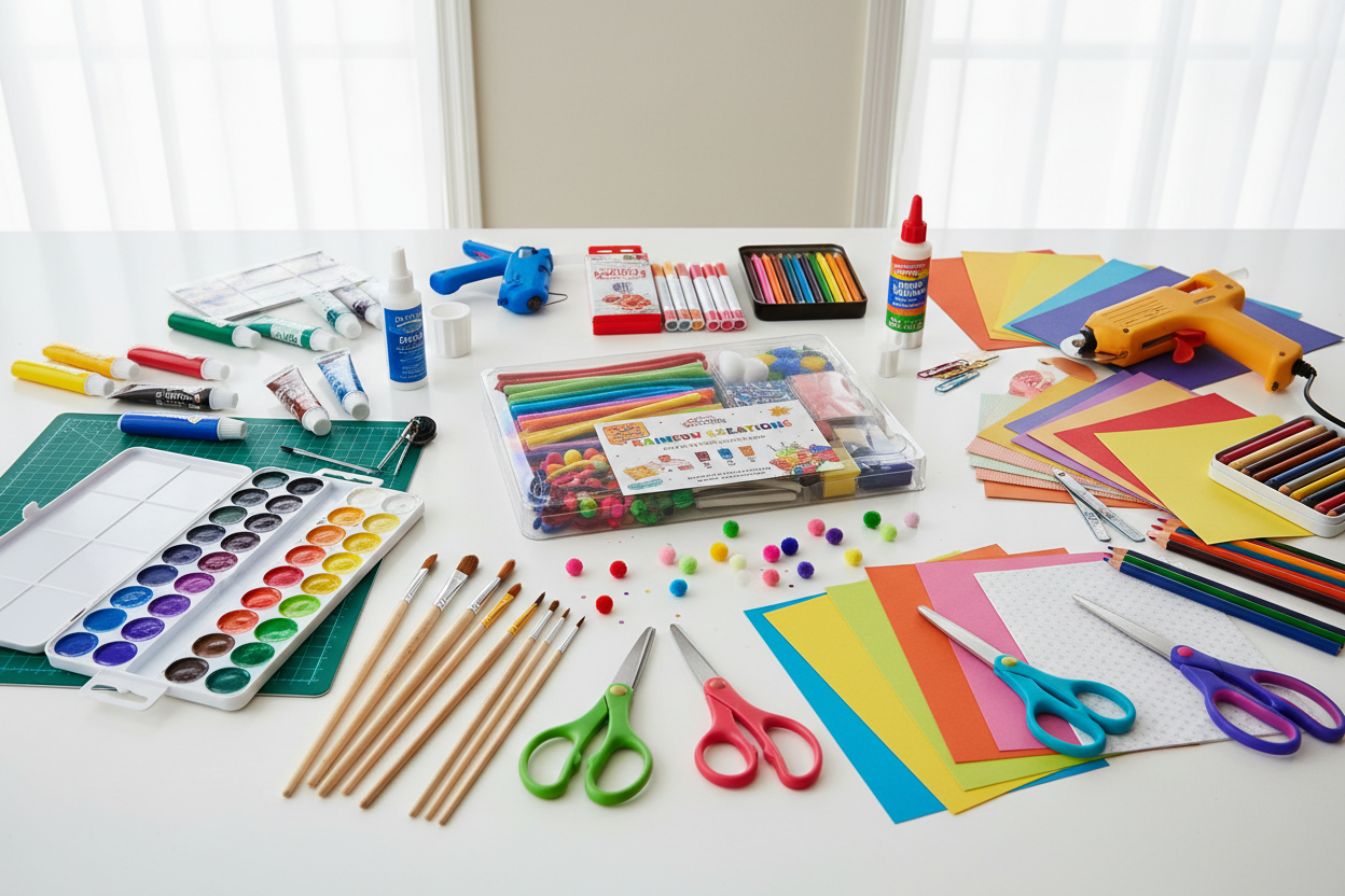 Arts & Crafts Supplies: Colorful craft kits, painting sets, and DIY projects that encourage self-expression, imagination, and fine motor skills. (make it real photo)