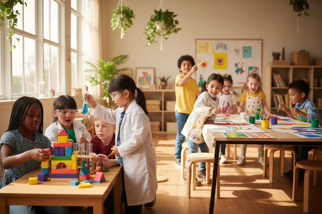 At BrightMinds Lab, we believe childhood is a time for curiosity, creativity, and endless exploration. Our mission is to help children play, learn, and develop their creativity through hands-on, engaging activities that spark imagination and critical thinking. (make it real photo)