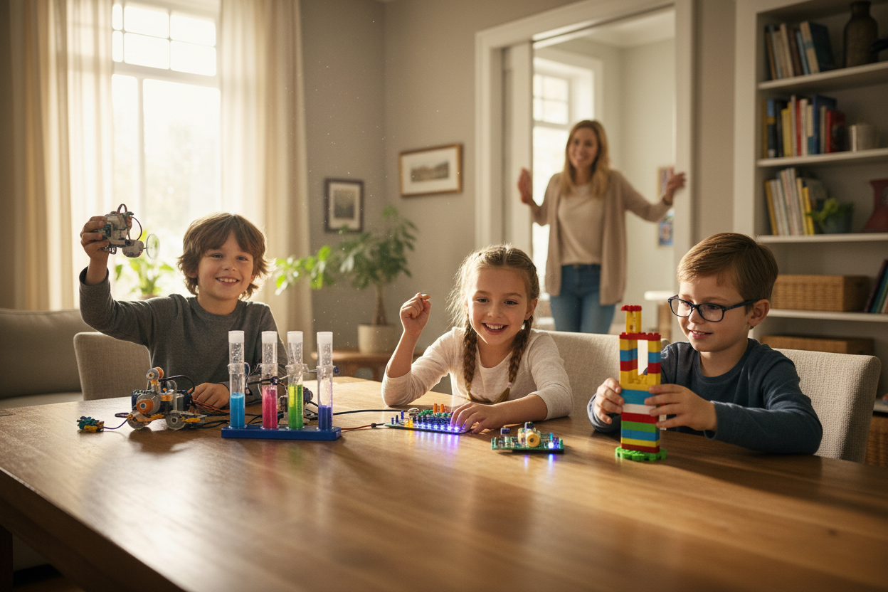 "My kids absolutely love the STEM kits! They’re learning without even realizing it, and I love seeing their faces light up when they build something new. Highly recommend BrightMinds Lab!" (make it real photo)