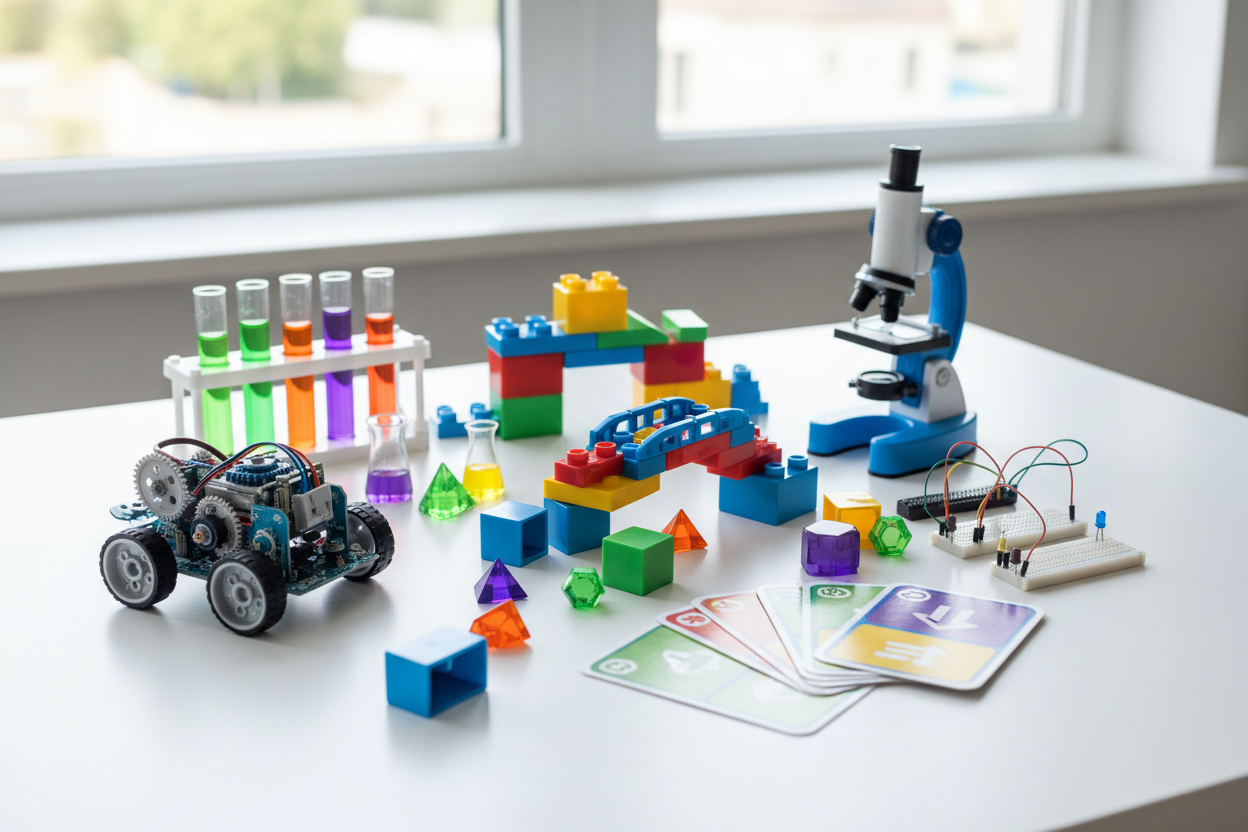 STEM Learning Kits: Fun, hands-on experiments and building activities that teach science, technology, engineering, and math concepts in a playful way. Perfect for curious young minds. (make it real photo)